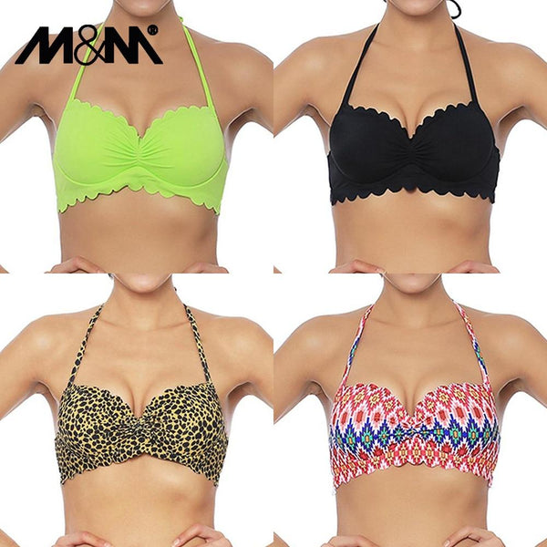 M&M 2019 Sexy Halter Bikinis Top Push Up Padded Summer Swimwear Print Swimsuit Solid Beachwear Sport Bandage Bathing Suit T604
