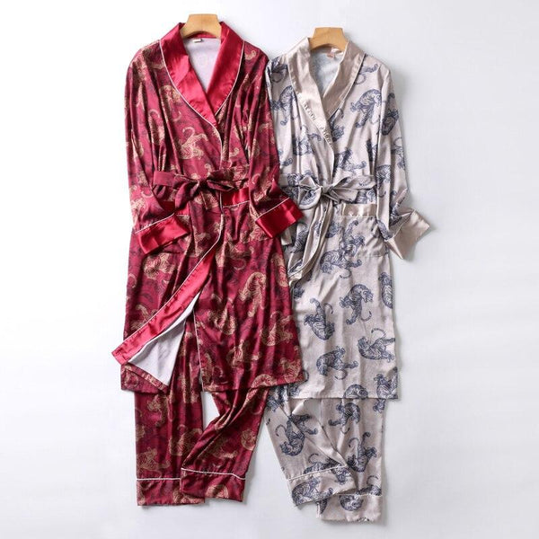 Two-Pieces Silk Nightgown Satin male Sleepwear Loose Animal Silky Long Sleeve Robe and Long Pants bathrobe set for Men