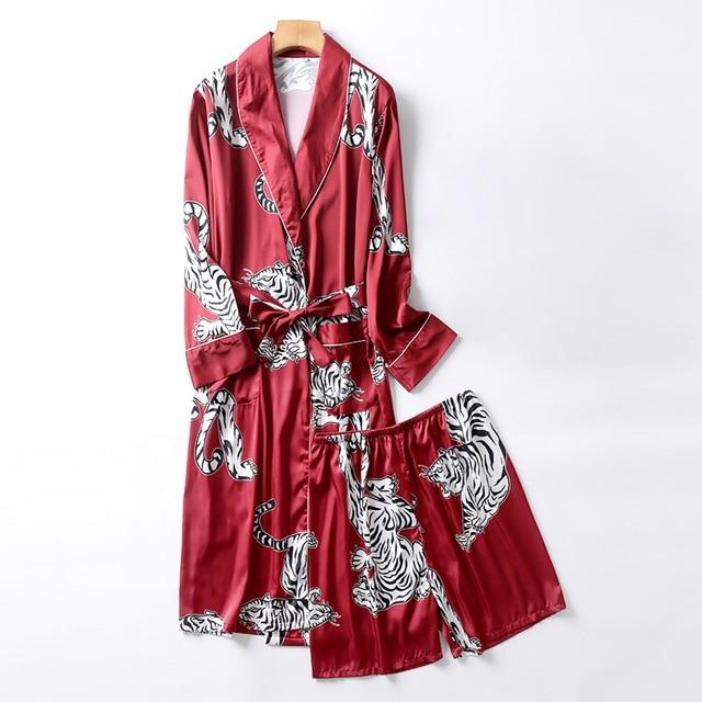 Two-Pieces Silk Nightgown Satin male Sleepwear Loose Animal Silky Long Sleeve Robe and Long Pants bathrobe set for Men
