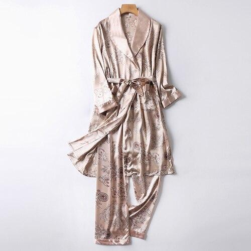 Two-Pieces Silk Nightgown Satin male Sleepwear Loose Animal Silky Long Sleeve Robe and Long Pants bathrobe set for Men