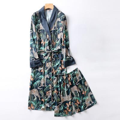 Two-Pieces Silk Nightgown Satin male Sleepwear Loose Animal Silky Long Sleeve Robe and Long Pants bathrobe set for Men