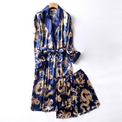 Two-Pieces Silk Nightgown Satin male Sleepwear Loose Animal Silky Long Sleeve Robe and Long Pants bathrobe set for Men