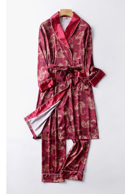 Two-Pieces Silk Nightgown Satin male Sleepwear Loose Animal Silky Long Sleeve Robe and Long Pants bathrobe set for Men