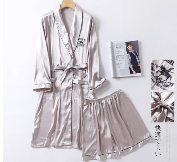 Two-Pieces Silk Nightgown Satin male Sleepwear Loose Animal Silky Long Sleeve Robe and Long Pants bathrobe set for Men