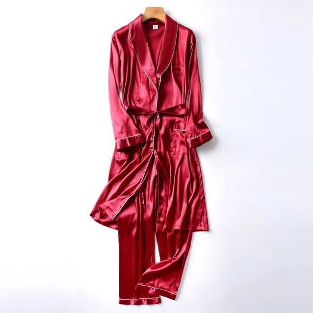 Two-Pieces Silk Nightgown Satin male Sleepwear Loose Animal Silky Long Sleeve Robe and Long Pants bathrobe set for Men