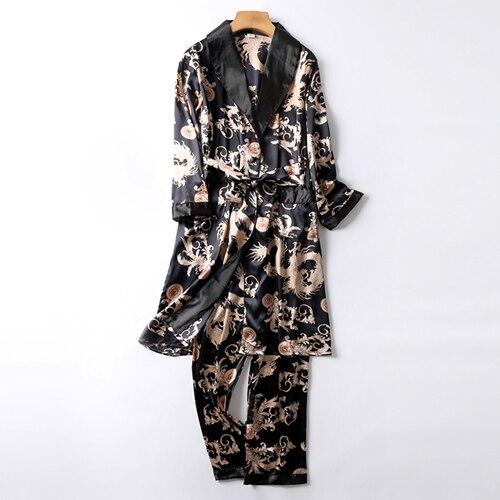 Two-Pieces Silk Nightgown Satin male Sleepwear Loose Animal Silky Long Sleeve Robe and Long Pants bathrobe set for Men