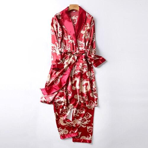 Two-Pieces Silk Nightgown Satin male Sleepwear Loose Animal Silky Long Sleeve Robe and Long Pants bathrobe set for Men