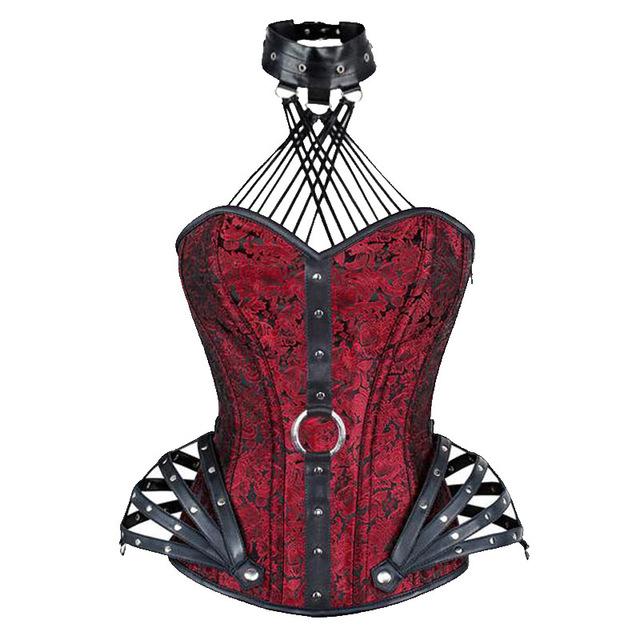 TOPMELON Steampunk Halter Bustier Gothic Corselet Corset Women Choker Corsets and Bustiers Sexy leather Floral Rivet Party Tops