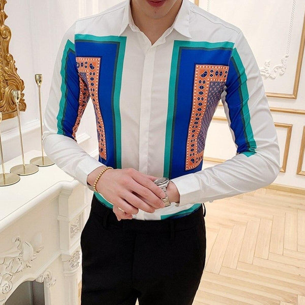 2019 Men Shirt Long Sleeve Print Casual Slim Fit Dress Shirts Sexy Party Club Night Bar Clothes streetwear camisa masculina