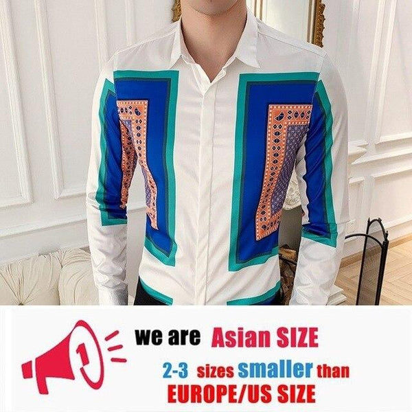 2019 Men Shirt Long Sleeve Print Casual Slim Fit Dress Shirts Sexy Party Club Night Bar Clothes streetwear camisa masculina