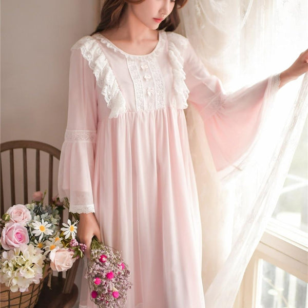 2019 New Arrival Delicate White Lace Vintage Women's Nightgowns Modal Elegant Nightwear wear Princess Long Night Dress 8165