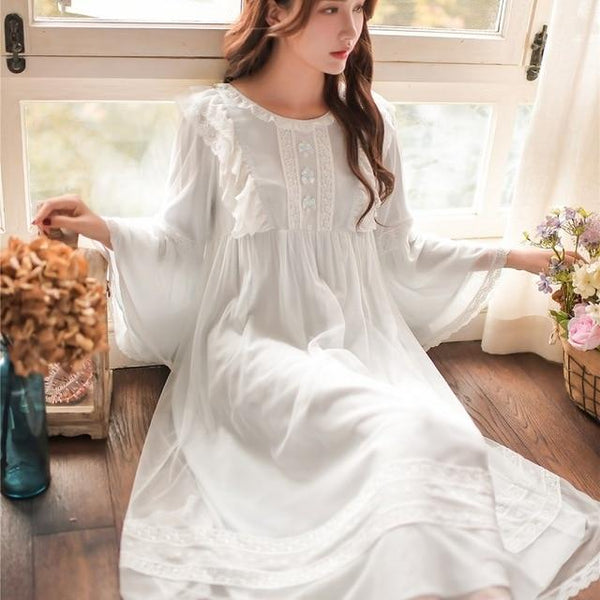 2019 New Arrival Delicate White Lace Vintage Women's Nightgowns Modal Elegant Nightwear wear Princess Long Night Dress 8165