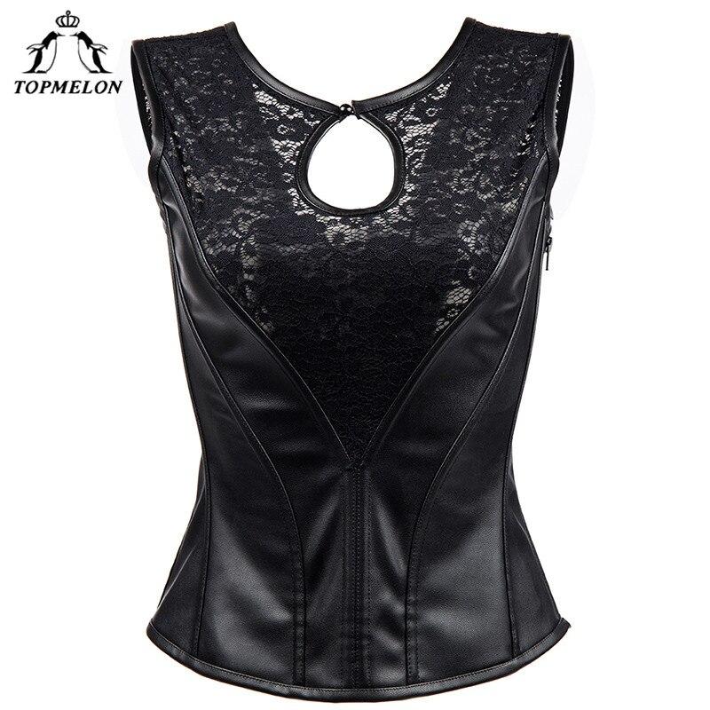 TOPMELON Lace Corset Black Leather Bustier Floral Hollow Out Tops Women's Slimming Clothing Sexy Gothic Style Costume for Party