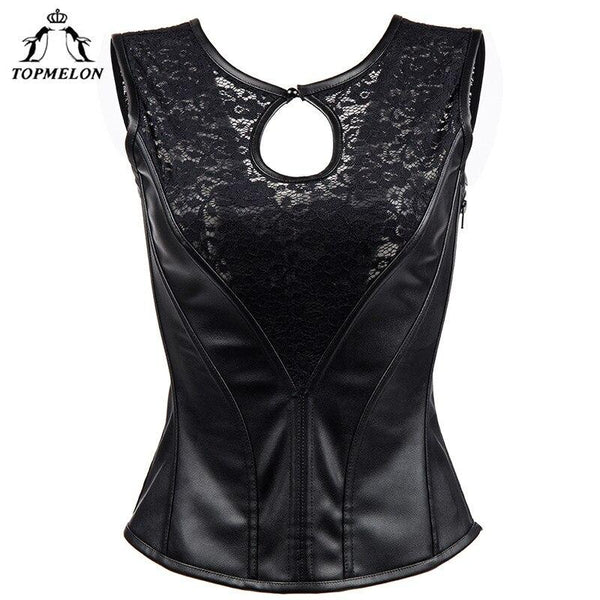 TOPMELON Lace Corset Black Leather Bustier Floral Hollow Out Tops Women's Slimming Clothing Sexy Gothic Style Costume for Party