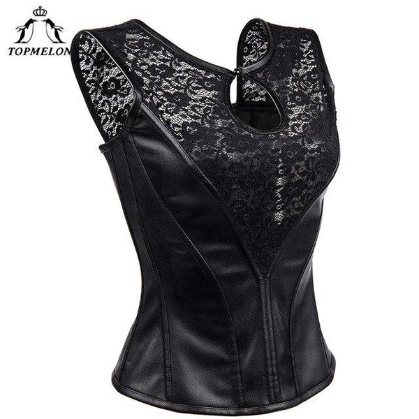 TOPMELON Lace Corset Black Leather Bustier Floral Hollow Out Tops Women's Slimming Clothing Sexy Gothic Style Costume for Party