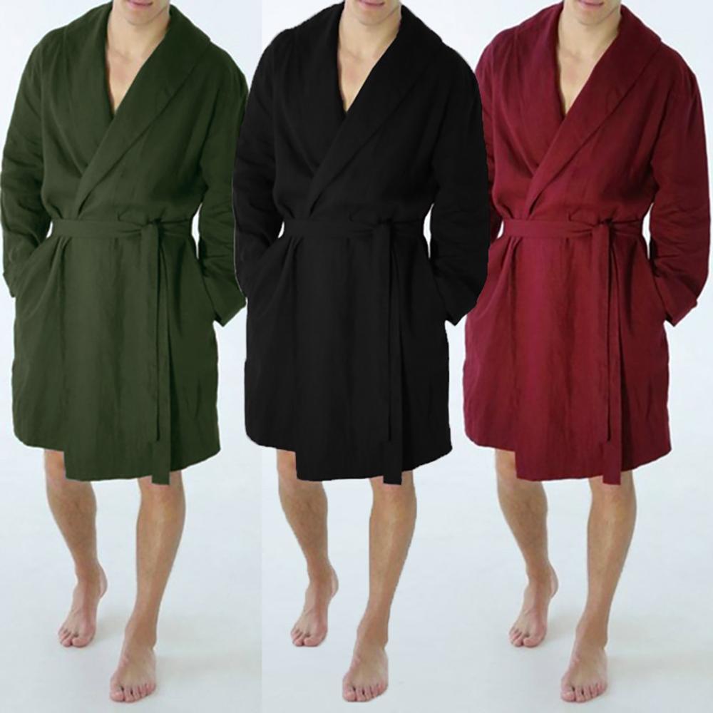 Men's Linen Pajama Casual Pure Color Cotton Linen Long Bathrobe Sexy Home Nightgown Pajamas Robe Nightgown Men Summer пижама