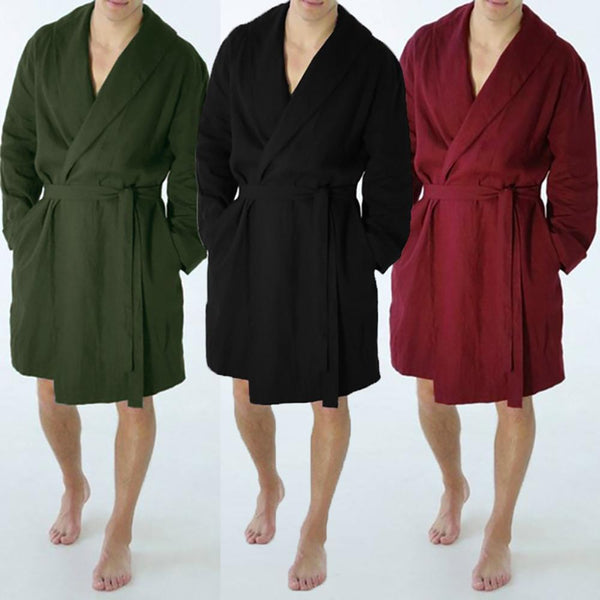 Men's Linen Pajama Casual Pure Color Cotton Linen Long Bathrobe Sexy Home Nightgown Pajamas Robe Nightgown Men Summer пижама