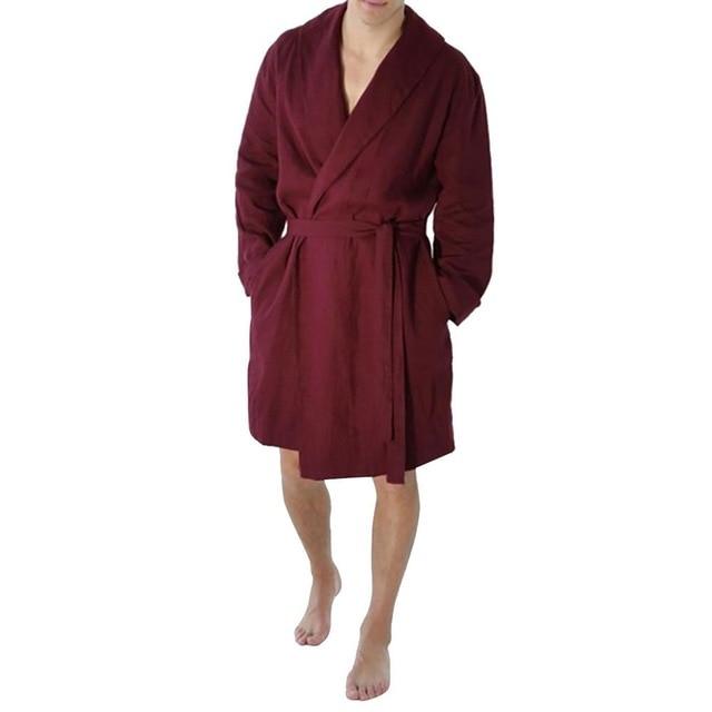 Men's Linen Pajama Casual Pure Color Cotton Linen Long Bathrobe Sexy Home Nightgown Pajamas Robe Nightgown Men Summer пижама