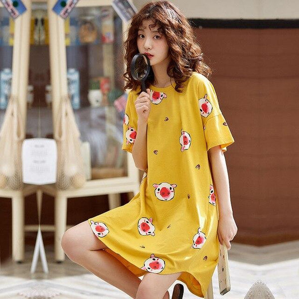 2019 Summer sleepdress Cotton Women Sleepwear Leisure Loose Long Printed Ladies Nightgown Young Girl Outwear Party Nightdress
