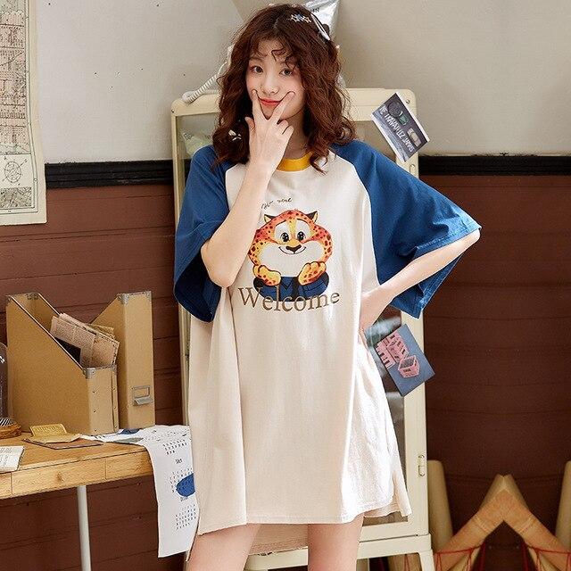 2019 Summer sleepdress Cotton Women Sleepwear Leisure Loose Long Printed Ladies Nightgown Young Girl Outwear Party Nightdress