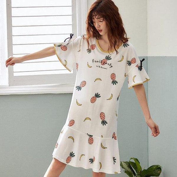2019 Summer sleepdress Cotton Women Sleepwear Leisure Loose Long Printed Ladies Nightgown Young Girl Outwear Party Nightdress