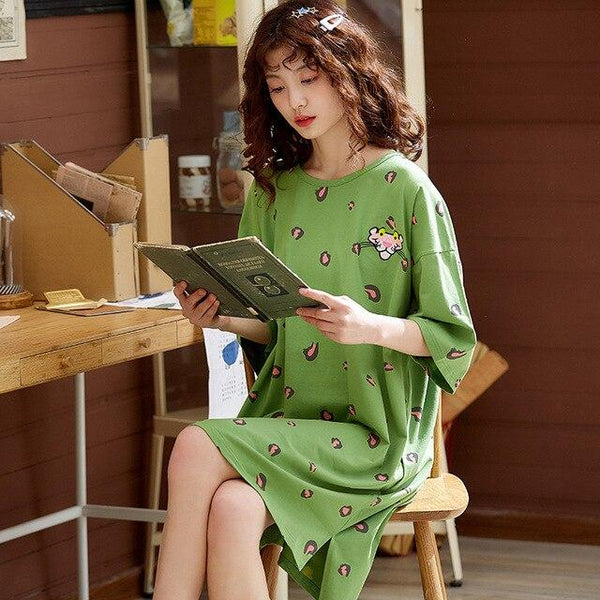 2019 Summer sleepdress Cotton Women Sleepwear Leisure Loose Long Printed Ladies Nightgown Young Girl Outwear Party Nightdress