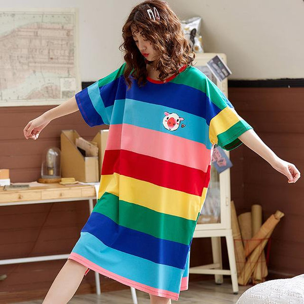 2019 Summer sleepdress Cotton Women Sleepwear Leisure Loose Long Printed Ladies Nightgown Young Girl Outwear Party Nightdress