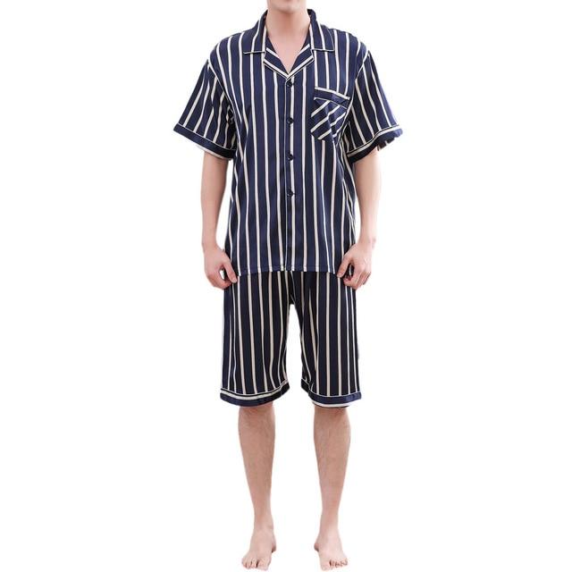 Summer Men Pyjama Set Solid Silk Striped Suit Short Sleeve Satin Shorts Pajama Man Sleepwear Spring Pajamas Male Nightgown