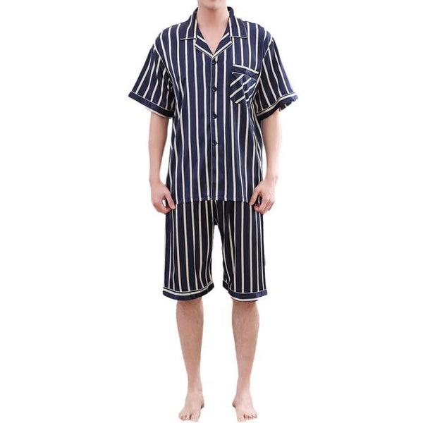 Summer Men Pyjama Set Solid Silk Striped Suit Short Sleeve Satin Shorts Pajama Man Sleepwear Spring Pajamas Male Nightgown