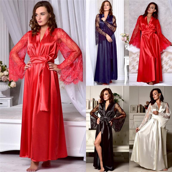 Ladies Solid Sexy Long Maxi V-Neck Lace Sleepwear Women Nightdress Lingerie Babydoll Nightgown Underwear