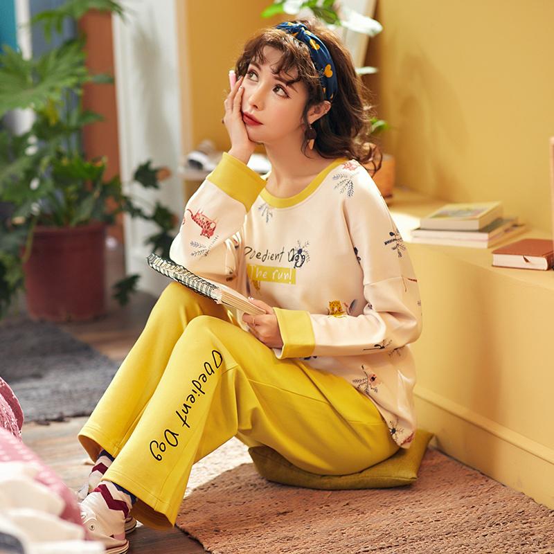 Autumn100% Cotton Long Sleeved Cartoon Print Pajamas Women's Pajamas Sets Girls Sleepwear Nightgowns Loungewear Home Clothing