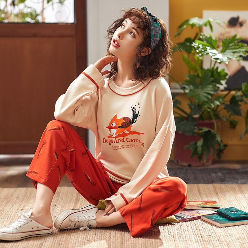 Autumn100% Cotton Long Sleeved Cartoon Print Pajamas Women's Pajamas Sets Ladies Sleepwear Nightgowns Loungewear Home Clothing