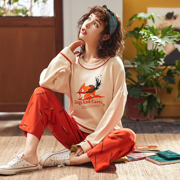 Autumn100% Cotton Long Sleeved Cartoon Print Pajamas Women's Pajamas Sets Ladies Sleepwear Nightgowns Loungewear Home Clothing