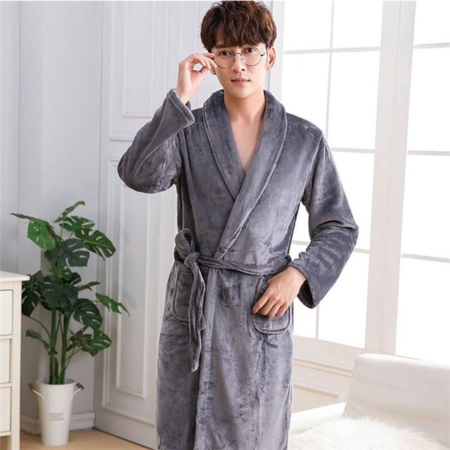 Men Casual Kimono Bathrobe Autumn Winter Flannel Long Robe Thick Warm Sleepwear Full Sleeve Nightgown Male Casual Home Wear