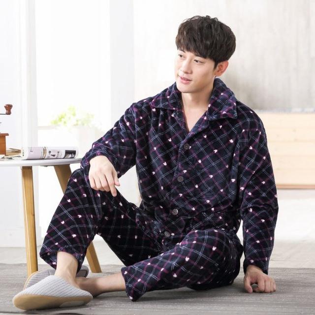 2019 Winter Pajamas For Men Thick Flannel Sleepwear Suit 2 Pcs Pyjama Homme Warm Casual Home Clothing Pijama Hombre