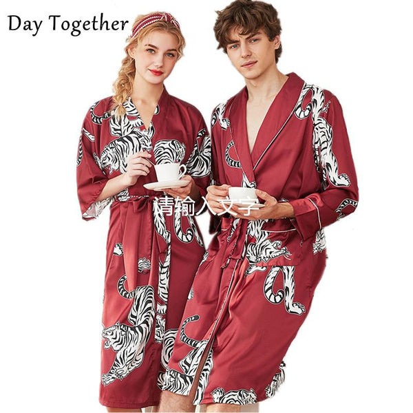 Mens Robe Satin Silk Bathrobe For Women Lovers Kimono V-Neck Silk Sleeping Home Clothes Long Bath Robes Nightgown Male
