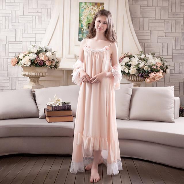 Womens 2 Pieces Sweet Princess Home Sleeping Dress Womens Long Sleeve Vintage Elegant Lace Nightgowns Chiffon Chemise Nightdress