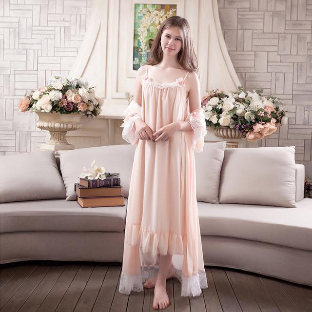 Womens 2 Pieces Sweet Princess Home Sleeping Dress Womens Long Sleeve Vintage Elegant Lace Nightgowns Chiffon Chemise Nightdress