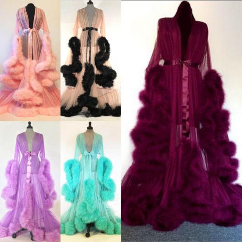Sexy Women Lingerie Sleepwear Lace Long Maxi Robe Night Dress Gown Mesh Fur Babydolls Sleep Wear Nightgrown Robes