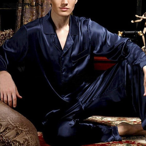 INCERUN 2019 Men Pajamas Set Silk Satin Sleepwear Suit Soft Long Sleeve Solid Color Homewear Comfortable Nightgown Set Pajamas