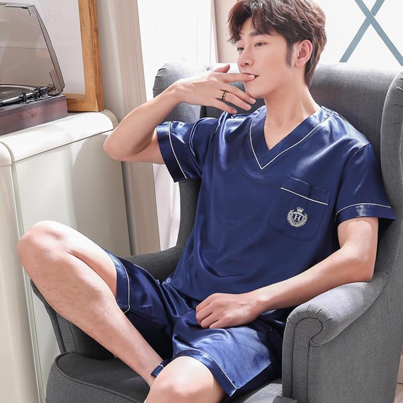 Summer Short Sleeved Men Pyjama Set Imitate Silk Polyester Men Pajama Suit Satin Pajama Man Sleepwear Pajamas Male Nightgown 3XL