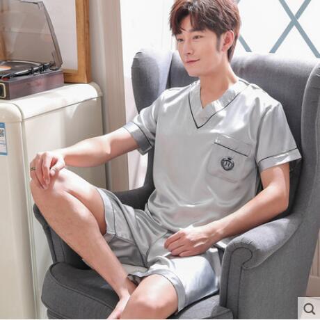 Summer Short Sleeved Men Pyjama Set Imitate Silk Polyester Men Pajama Suit Satin Pajama Man Sleepwear Pajamas Male Nightgown 3XL