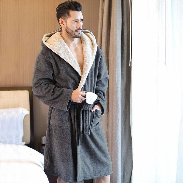 2019 New Winter Men Bathrobes Hooded Flannel Long Bath Robe Male Comfort Gray Long Home Warm Dressing Gown Vs Tmall