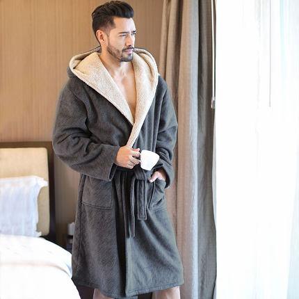 2019 New Winter Men Bathrobes Hooded Flannel Long Bath Robe Male Comfort Gray Long Home Warm Dressing Gown Vs Tmall