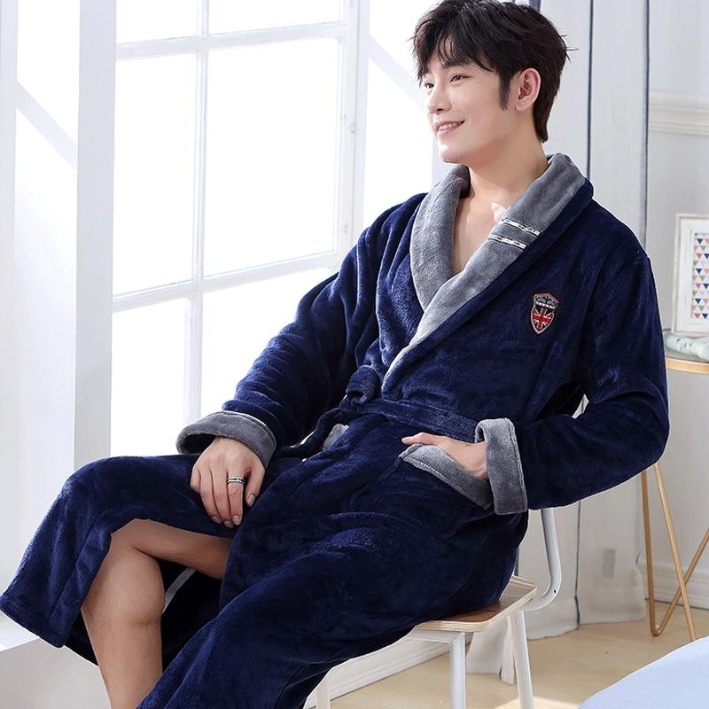 Men Casual Kimono Bathrobe Autumn Winter Flannel Long Robe Thick Warm Sleepwear Full Sleeve Nightgown Male Casual Home Wear
