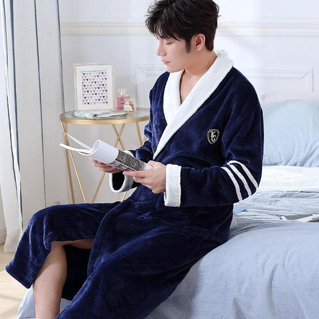 Men Casual Kimono Bathrobe Autumn Winter Flannel Long Robe Thick Warm Sleepwear Full Sleeve Nightgown Male Casual Home Wear