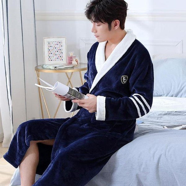 Men Casual Kimono Bathrobe Autumn Winter Flannel Long Robe Thick Warm Sleepwear Full Sleeve Nightgown Male Casual Home Wear