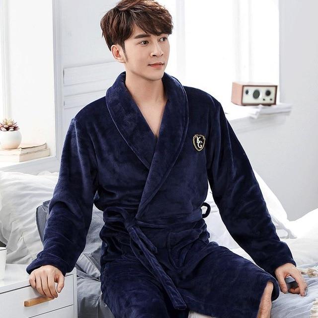 Men Casual Kimono Bathrobe Autumn Winter Flannel Long Robe Thick Warm Sleepwear Full Sleeve Nightgown Male Casual Home Wear