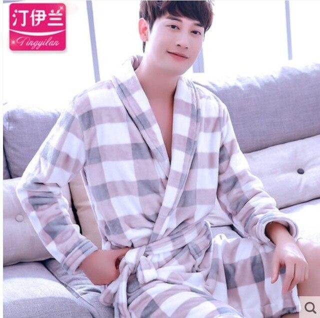 Men Casual Kimono Bathrobe Autumn Winter Flannel Long Robe Thick Warm Sleepwear Full Sleeve Nightgown Male Casual Home Wear