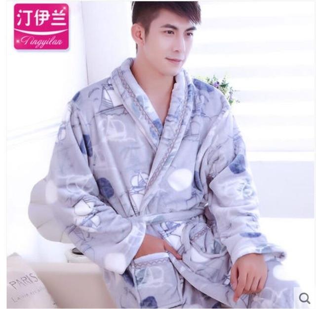 Men Casual Kimono Bathrobe Autumn Winter Flannel Long Robe Thick Warm Sleepwear Full Sleeve Nightgown Male Casual Home Wear